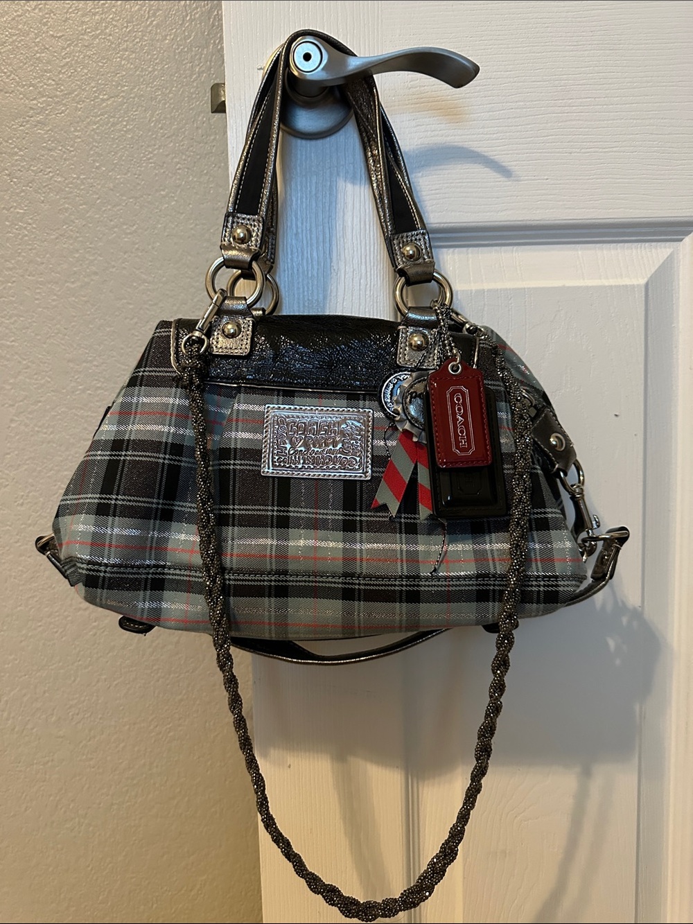 Coach Gray Plaid Shoulder Bag with Black Trim and Red Tag